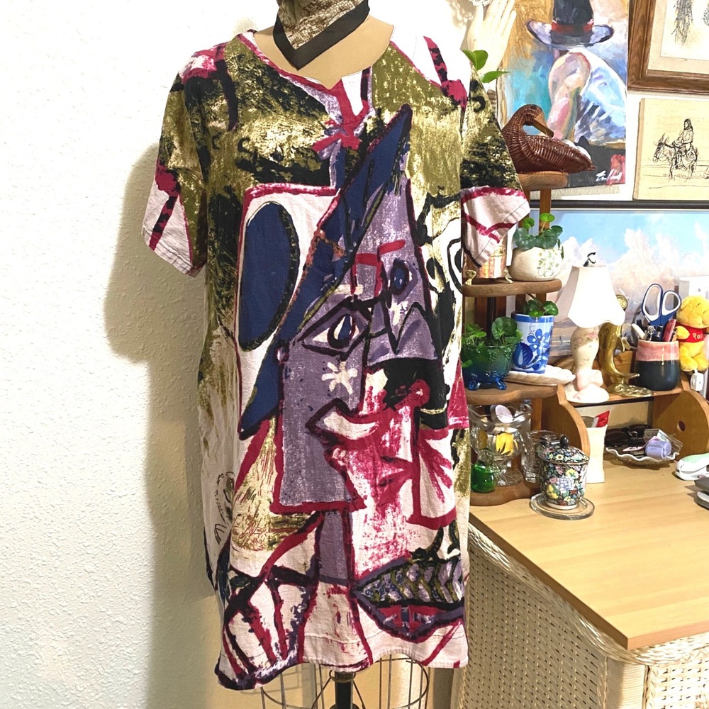 Art to Wear Artsy Midi Dress Women 2XL Abstract Face Picasso Whimsy Multi-Color